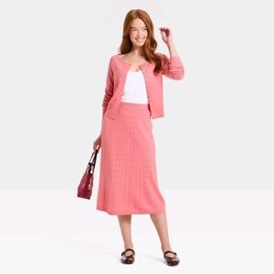Women's Valentine's Long Sleeve Pointelle Heart Cardigan A New Day Pink& Skirt L